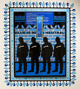 Acrylic on plexiglass panel featuring silhouetted police officers with "Police" written in white on their chests. Around the boarder is blue items written in white.