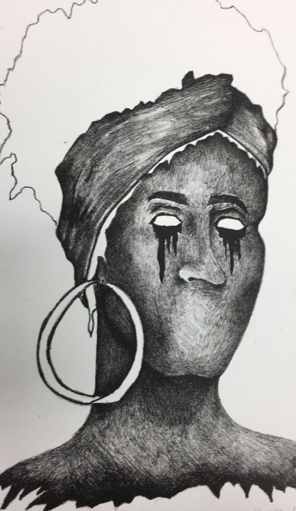 Black and white lithograph of an African American woman with her eyes altered and mouth gone