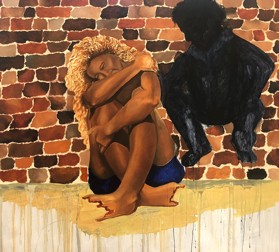 Oil painting of an African American woman holding herself as a dark shadow figure consoles her.