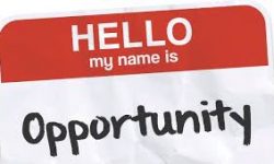 Name tag that says "Hello my name is oppurtunity"