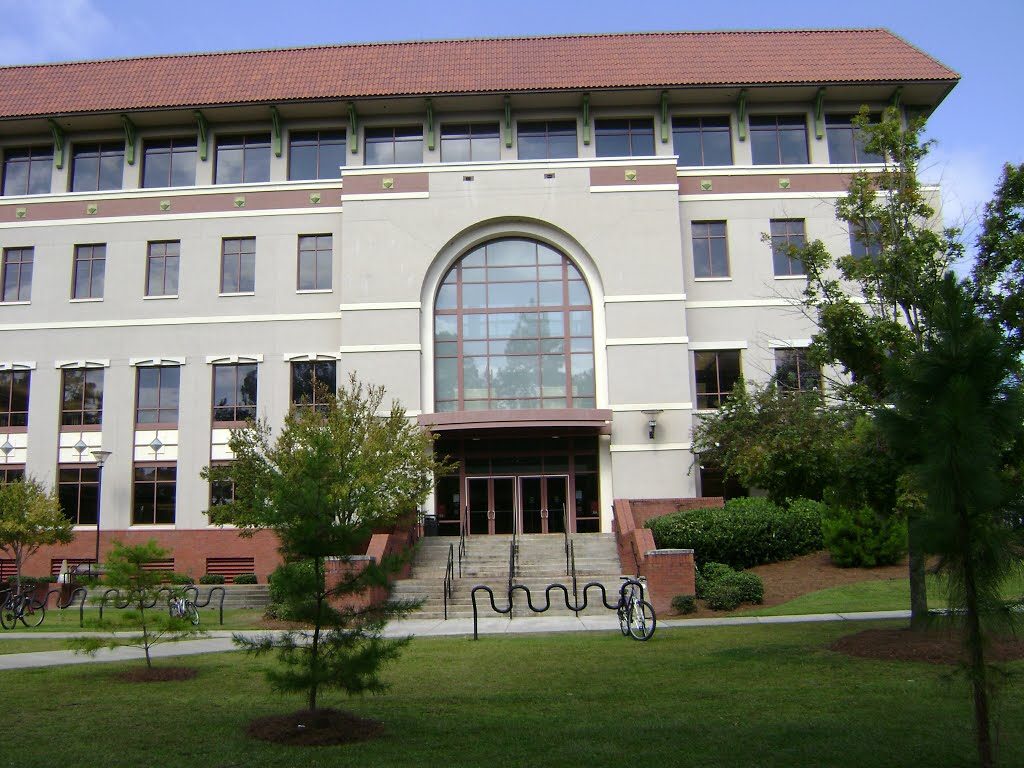 Odum Library's south entrance, taken from the pinetum, showing the stairs up to the entryway.