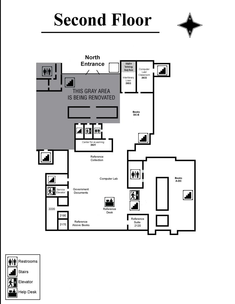 A map of the second floor of Odum Library. The Northeast quadrant of the floor is greyed out, signifying that it is the area under renovation. 