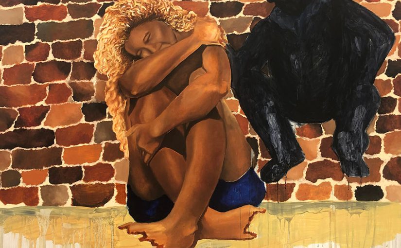 Oil painting of an African American woman holding herself as a dark shadow figure consoles her.