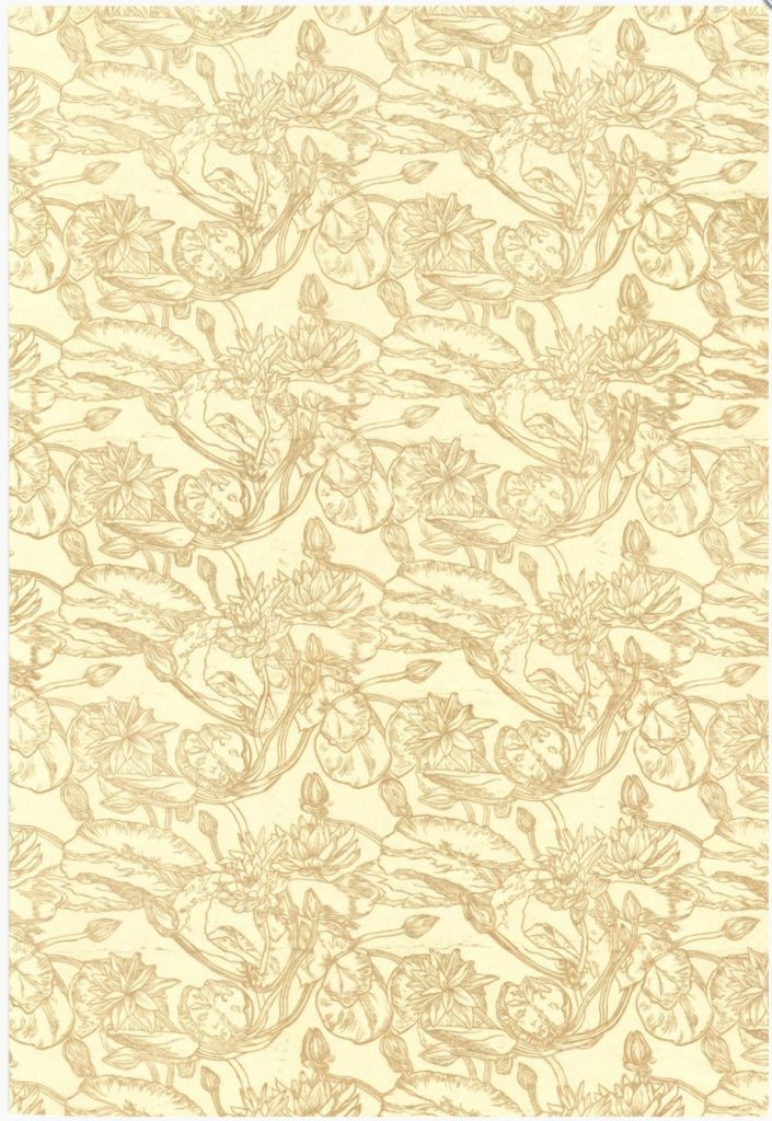 Pale yellow background with leaves and flower line work pattern in muted dark yellow. 