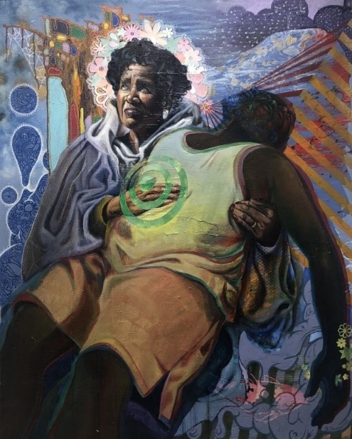 Mother holding slumped son in her arms, with a green target over her hand on his abdomen. Mother has a pastel flower halo surrounding her face which is highlighted. The background contains design elements key to Dunson's style. 