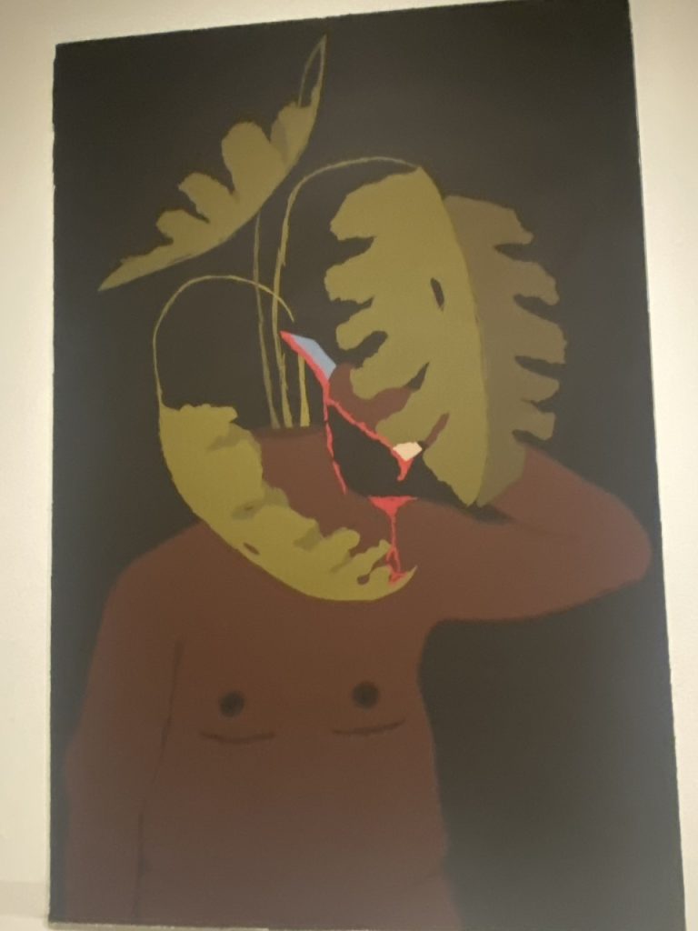 An African American figure shown from the torso up with scars under each breast (implying "top surgery") with giant leaves sprouting from the neck, replacing the head. The figure uses a knife to cut the leaves off, leaving blood dripping on the hand, knife and neck. The background is completely black.