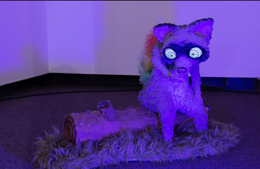 Humanoid raccoon, tripping on acid in black light, sitting on a log looking at his hand.
