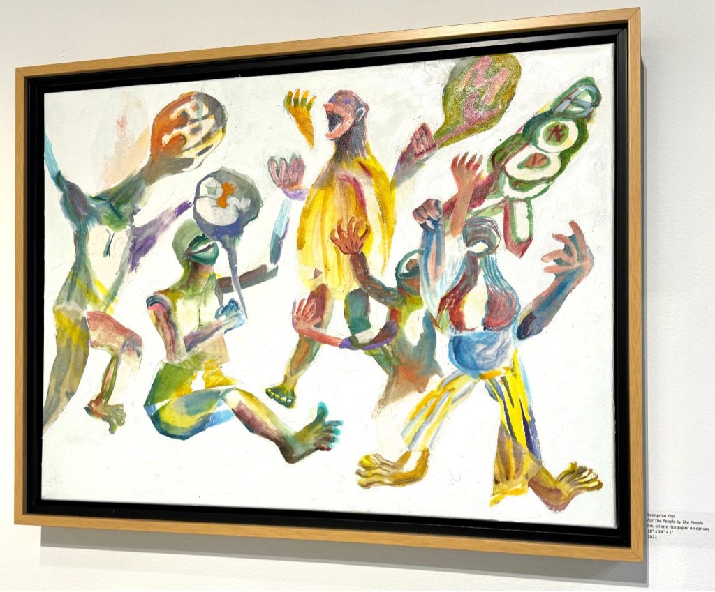 A big canvas of white rice paper with many colors of the figures within. The figures are of people, abstracted by the various colors and white gaps in their bodies, as it they are trying to convey something within, using color to express emotions. Figures are outstretched and contorted to signal their volume of what they are trying to say, being big and loud. 