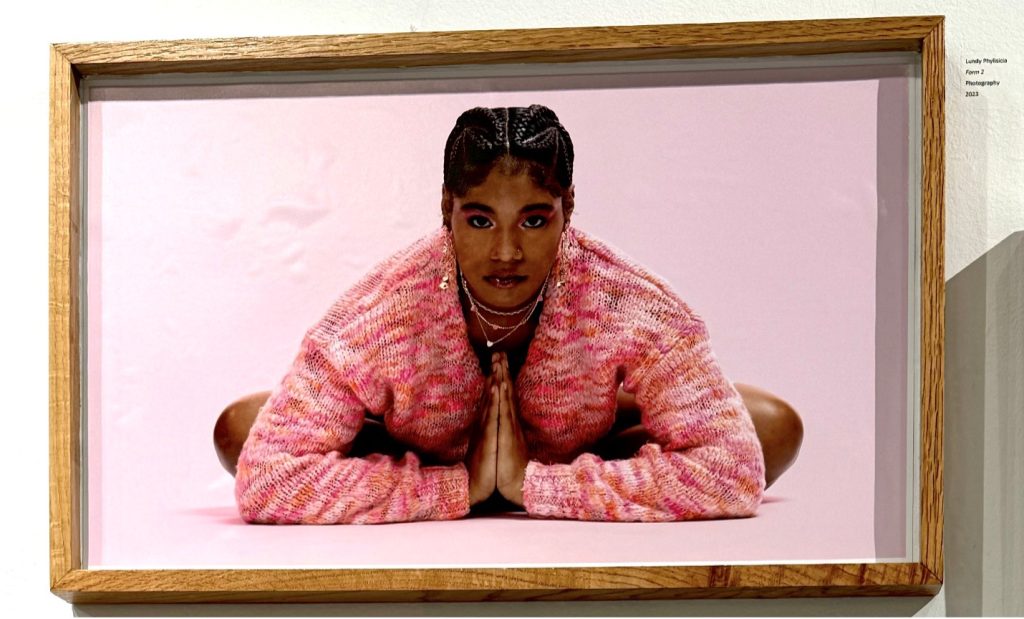 A photo of the artist. The background is of a light pink, where the artist is dressed in a fluffy, textured pink jacket. She is wearing thin, but fine jewlery around her neck. The position is of a seated, crossed-leg position, with her body leaned forward and staring into the camera, like she is purposefully making that pose for a magazine.