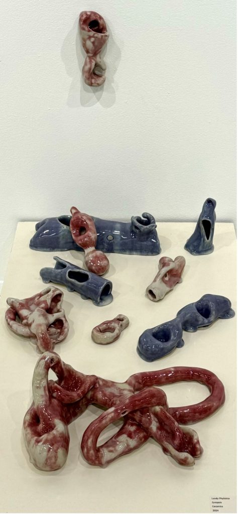 10 to 11 pieces of organic-shaped ceramic. Each piece is individualized, yet are together in this space as a collection. each piece flow different and morphed differently to give each piece their own shape or form. Based on blood vessels, when they snap, they will slowly reform back, but as different masses instead of what they are to be.