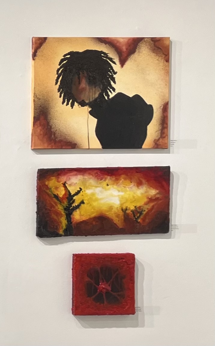 (top) Hellish and dark self portrait lacking a face with textured hair and background  (middle) Hellish Landscape done with encaustic melting and overtaking the compositions (bottom) Encaustic painting that resembles a heart and heart strings, very textured and gore-y.