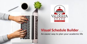 woman typing on computer and Valdosta State logo
