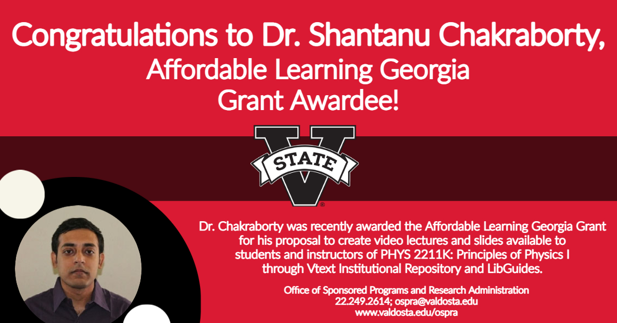 You are currently viewing Congratulations to Dr. Shantanu Chakraborty, Affordable Learning Georgia Grant Awardee (Round 20)!